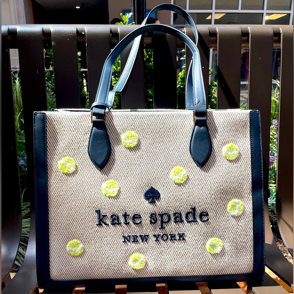 kate spade Beige Canvas Tote with Navy Trim and Yellow Accent Pom Poms